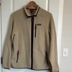 Patagonia Beige Sherpa Fleece Jacket with Navy Trim and Red Accents